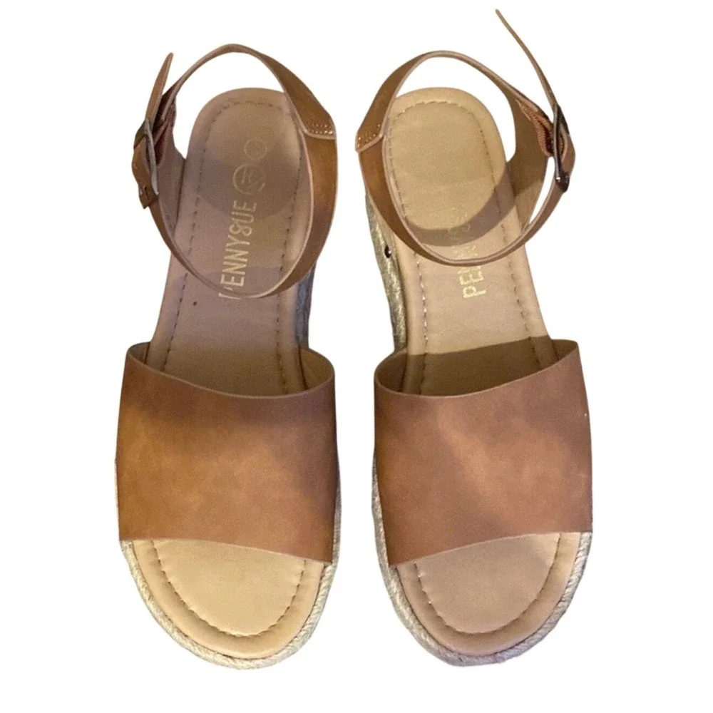 Penny Sue Womens Tan Brown Espadrille Platform Sandals Ankle Strap Buckle Size 8